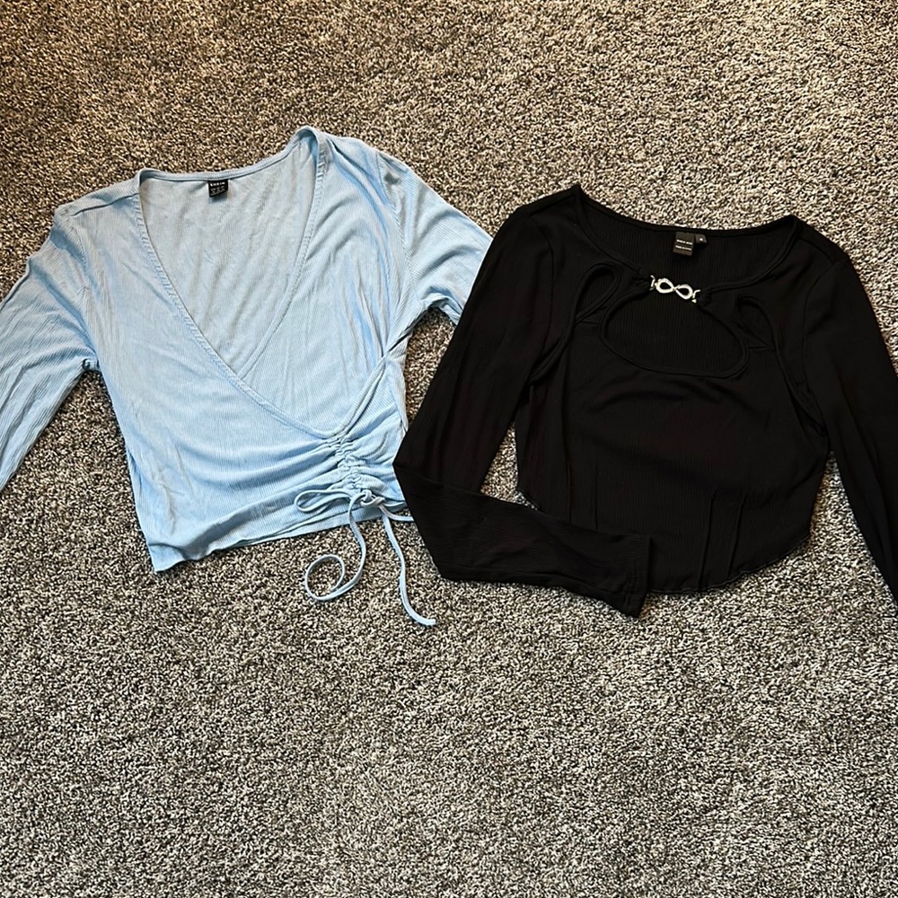 SHEIN Blue and Black Crop Blouses with Wrap Tie Front
